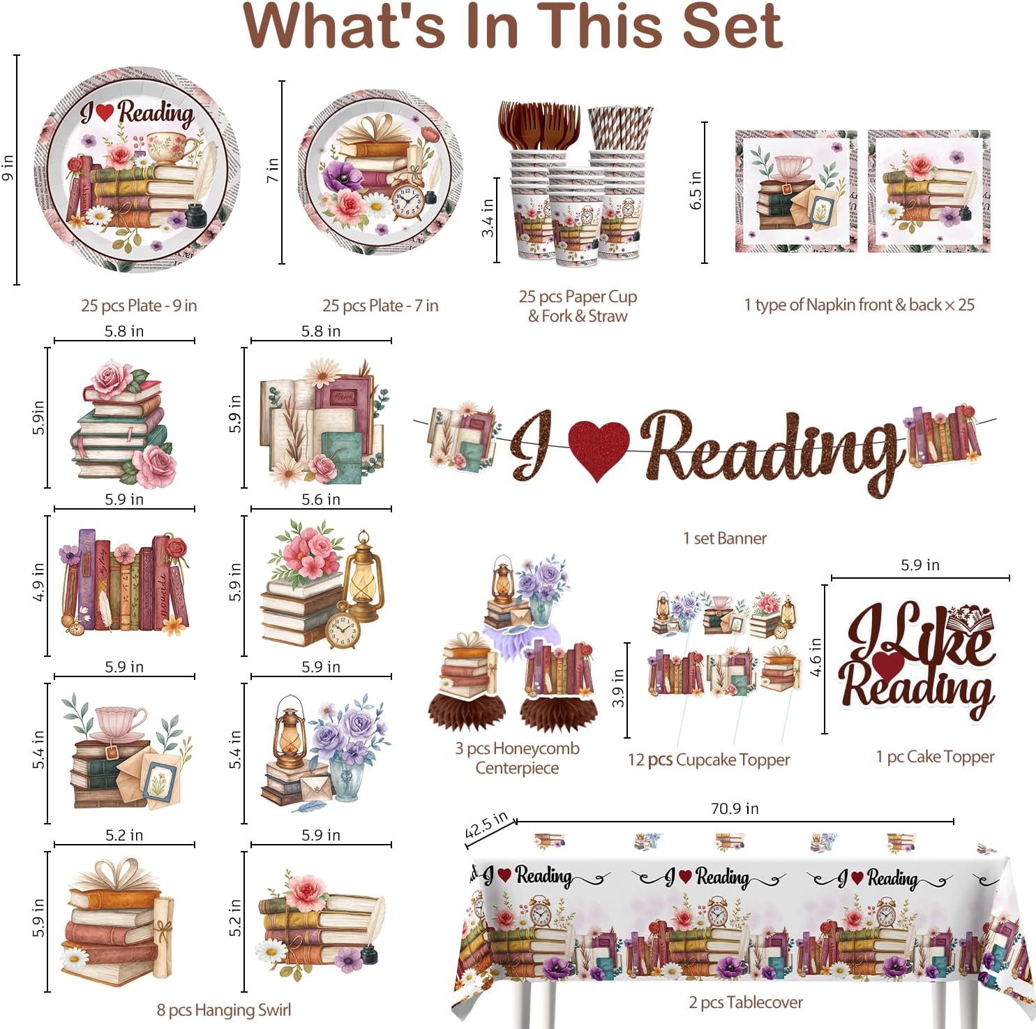 Xynic 177pcs Book Themed Party Decorations Tableware Complete Party Set, Book Club & Book-Themed Birthday Decorations I Like Reading PartySupplies, Serves 25 Guests
