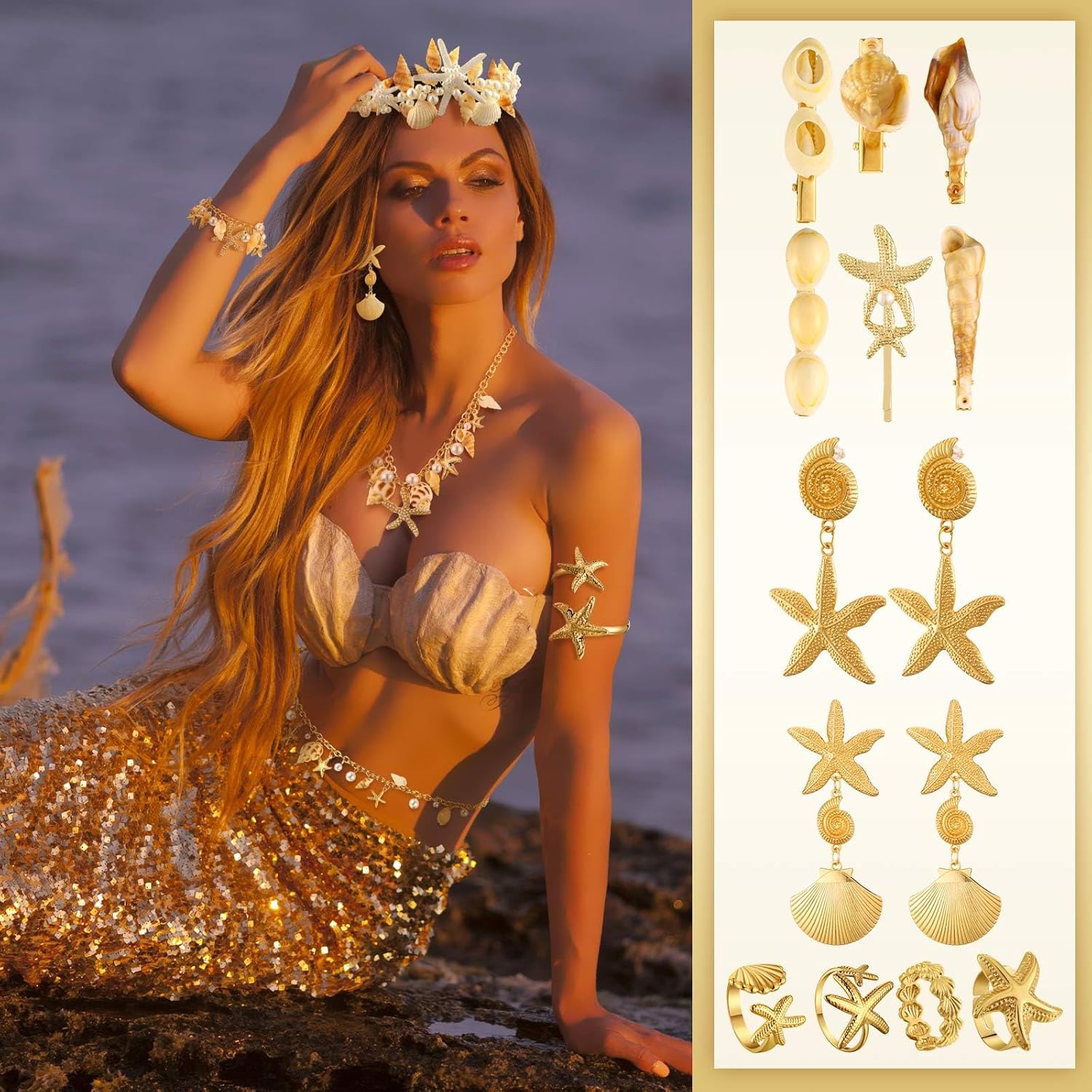 JenPen 16 Pcs Seashell Starfish Jewelry Set Necklace Headband Waist Chain Pearl Hair Clip Arm Band Starfish Ring Bracelet Conch Hairpin Earrings, Women Summer Body Jewelry Set