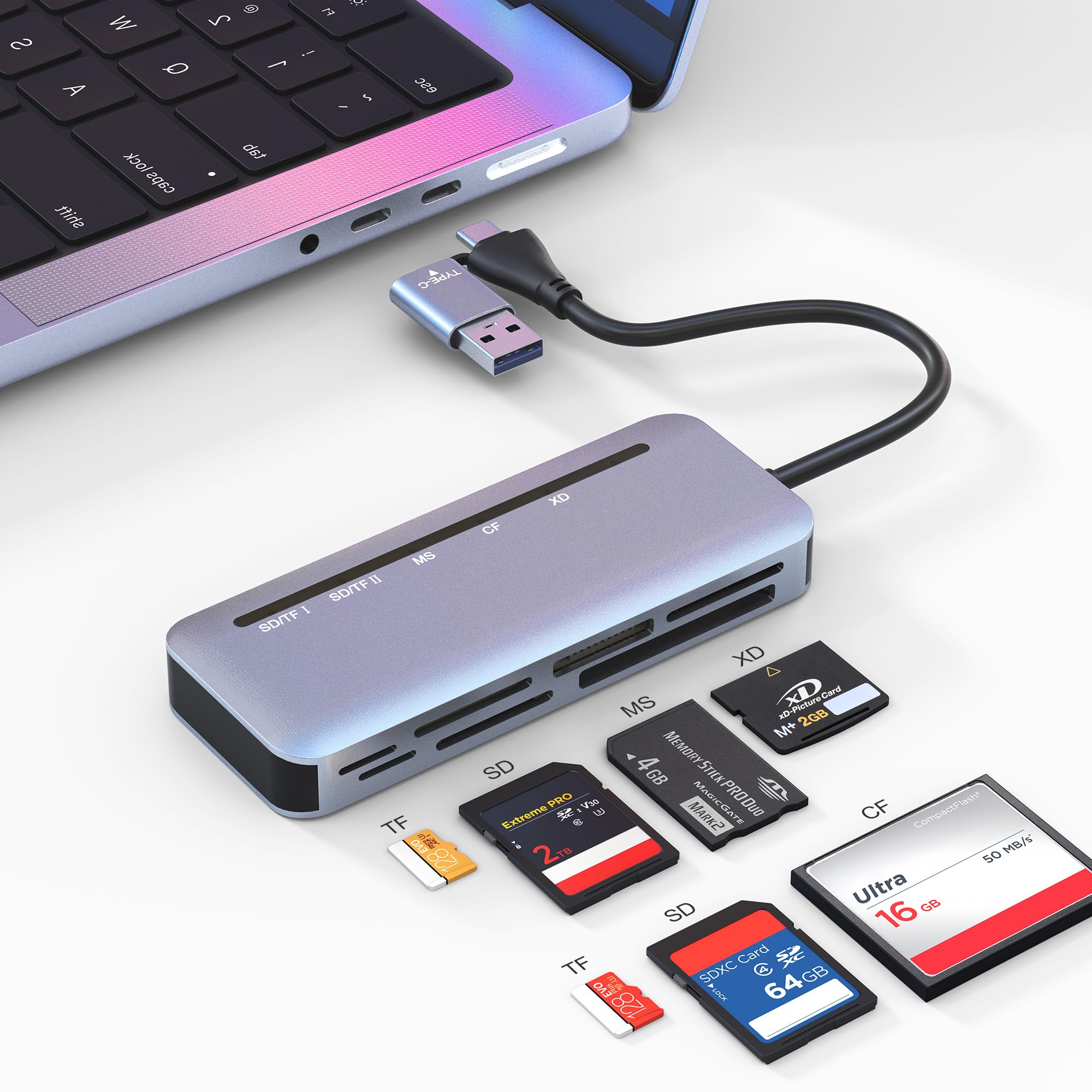 Memory Stick Pro Duo Lecteur de cartes 7 en 1 USB-C pour cartes SD/TF/CF/MS/XD, lecteur de carte SD pour iPhone