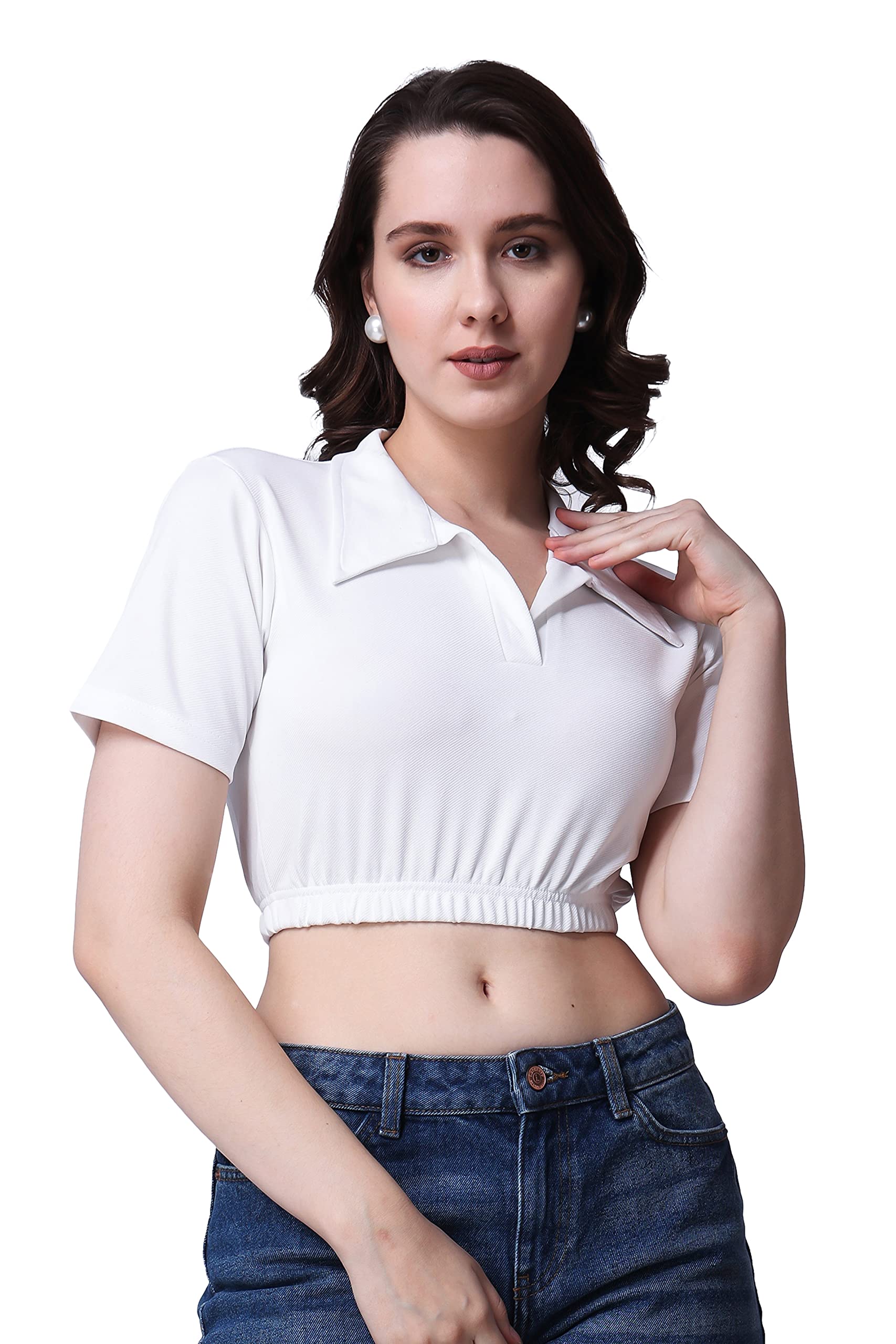 popwings Women Casual Black Solid Collar Crop Top-picture-20
