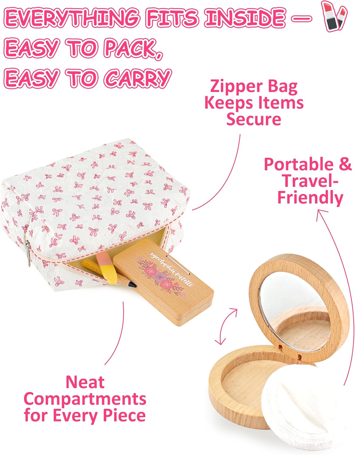 Wooden Pretend Makeup Kit for Girls Ages 3–5, Kids Pretend Play Cosmetic Set with Mirror, Lipstick, Nail Polish & Bag – Non Toxic Toy Makeup Set for Toddlers, for Toddler Girls - Image 6