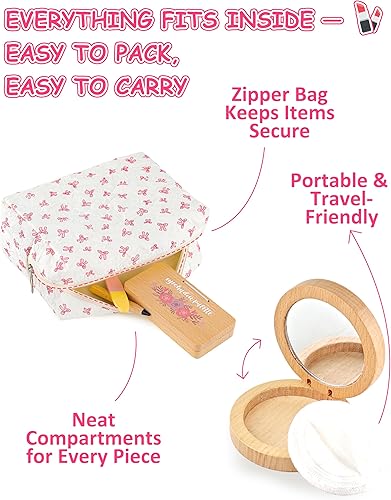 Miniatura 6 de Kit de maquillaje de madera para niñas de 3 a 5 años, juego de cosméticos con espejo, lápiz labial, esmalte de uñas y bolsa, juego de maquillaje de