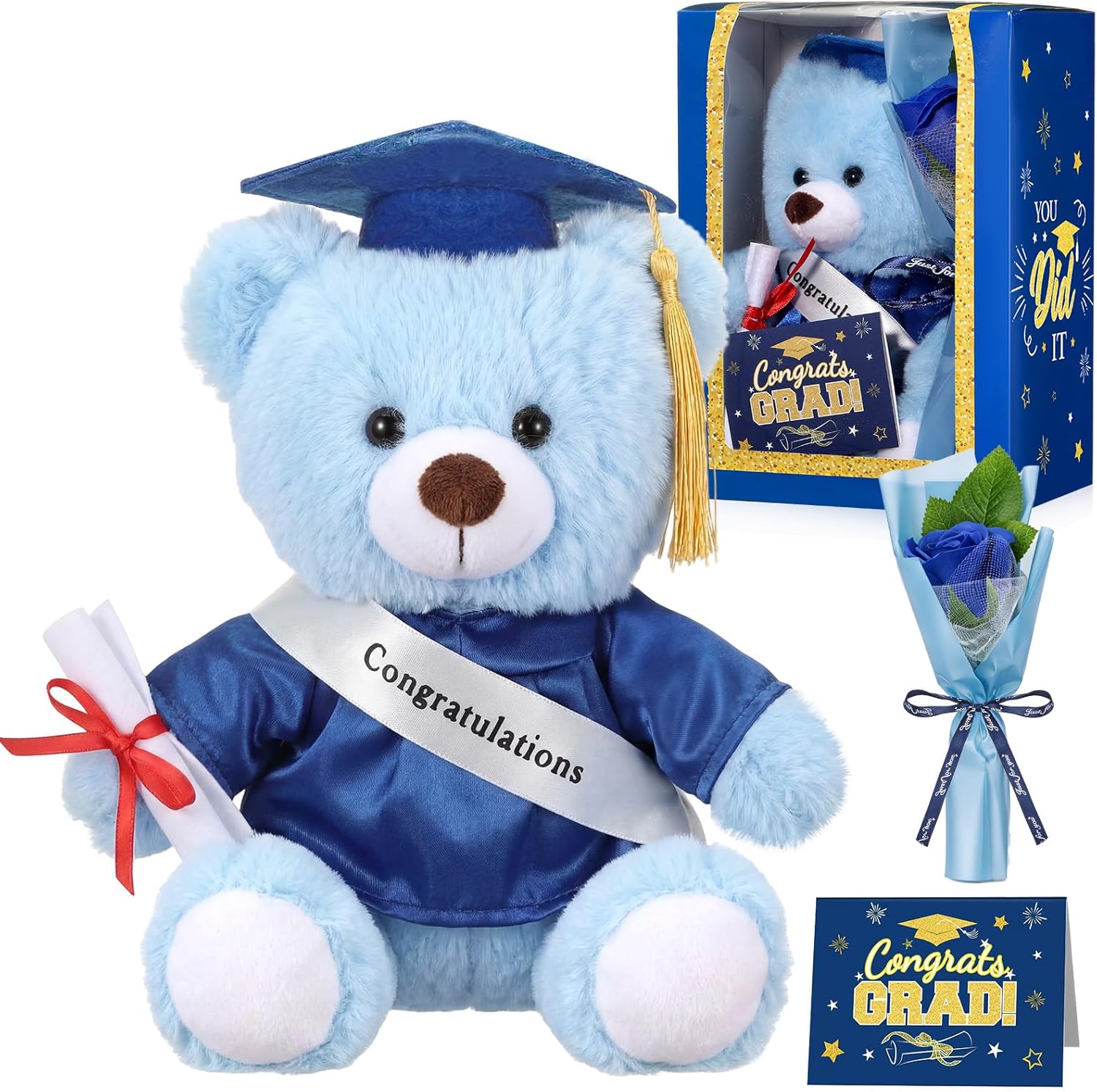 Hollowfly Graduation Bear Gifts Set Include Graduation Bear of 2026 Stuffed Animal with Cap and Gown, Artificial Flower, Graduate Gift Box with Window and Greeting Card for Him or Her(Pink)