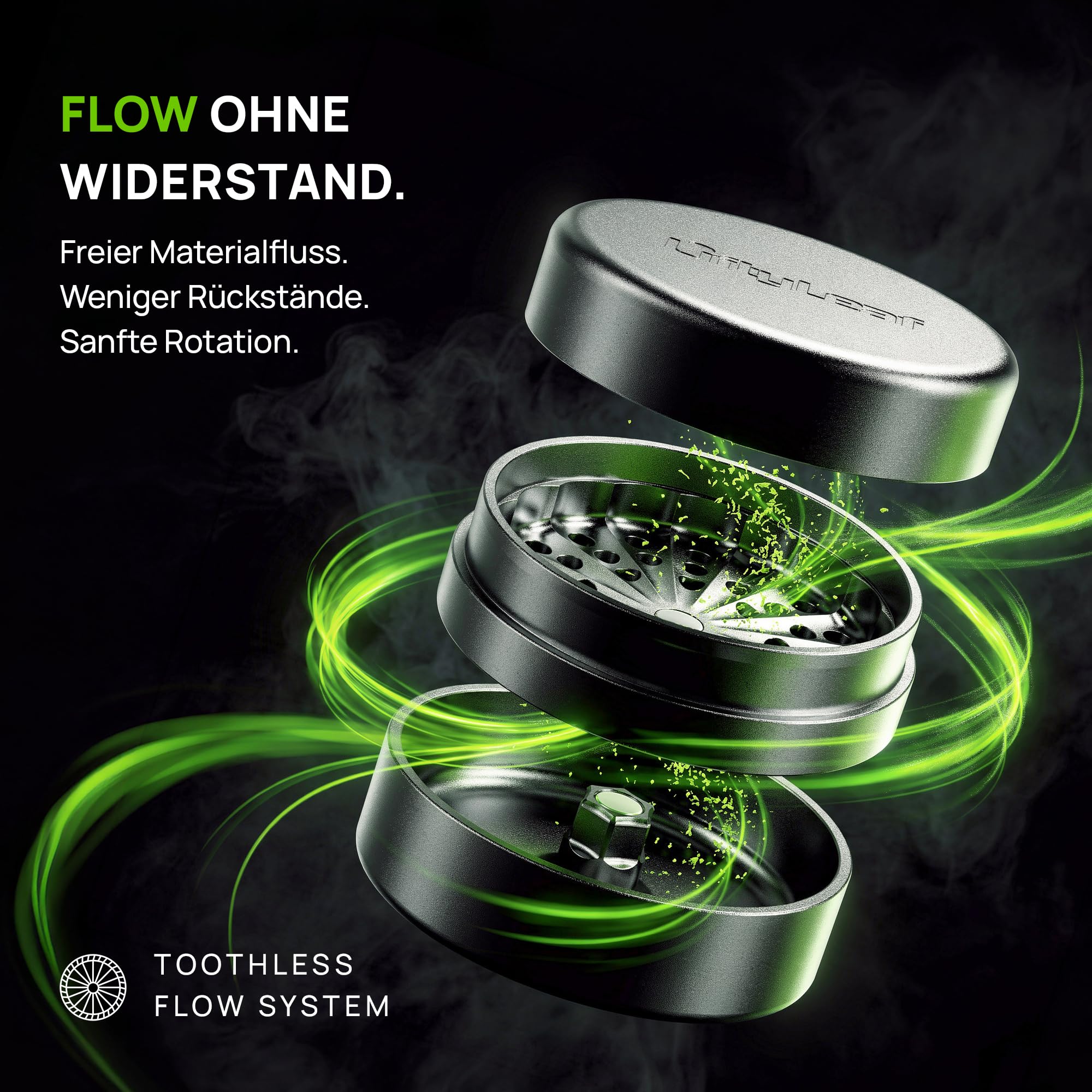 Flow 55 Kräutermühle 55 mm – Premium Grinder Set 3-teilig aus Aluminium, Zahnloses Design ohne Verstopfen, Metall Grinder mit Magnetverschluss, Kompakt Schwarz