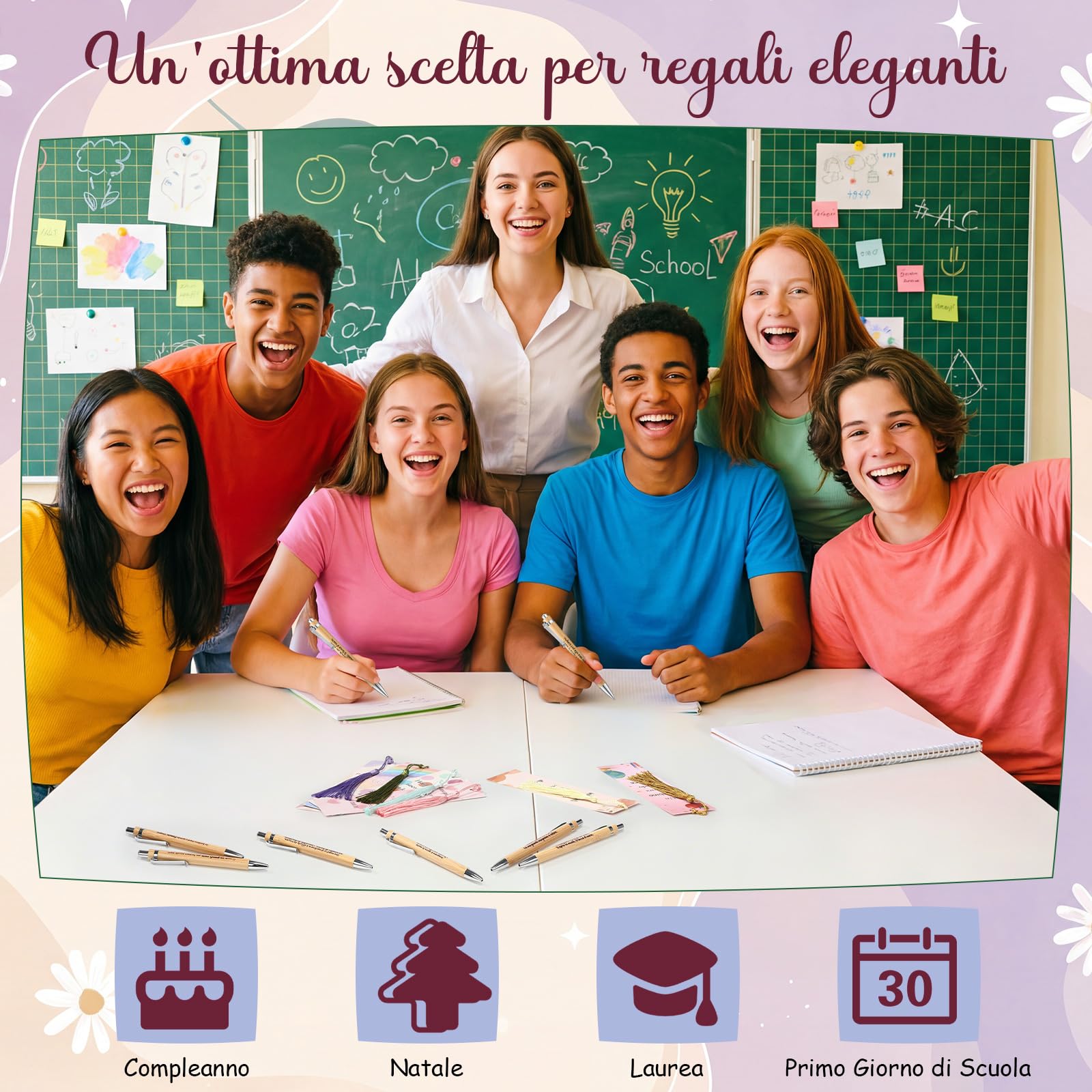 Tenare Set di 24 Regalo Grazie Maestre Fine Anno, Include 8 Penne a Sfera Insegnante, 8 Segnalibri con Nappe e 8 Sacchetti in Organza, Bomboniere Laurea Compleanno Pensionamento(Stile Naturale)
