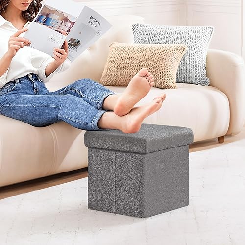 Miniatura 8 de PINPLUS Cubo otomano plegable de almacenamiento, otomana cuadrada gris con almacenamiento, moderna otomana de sherpa con tapa, asiento para