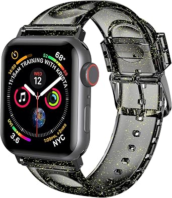 iiteeology Compatible with Apple Watch Band 46mm 45mm 44mm 42mm, Soft Glitter Clear iWatch Bands for Women Series 1-11 - Black/Gold