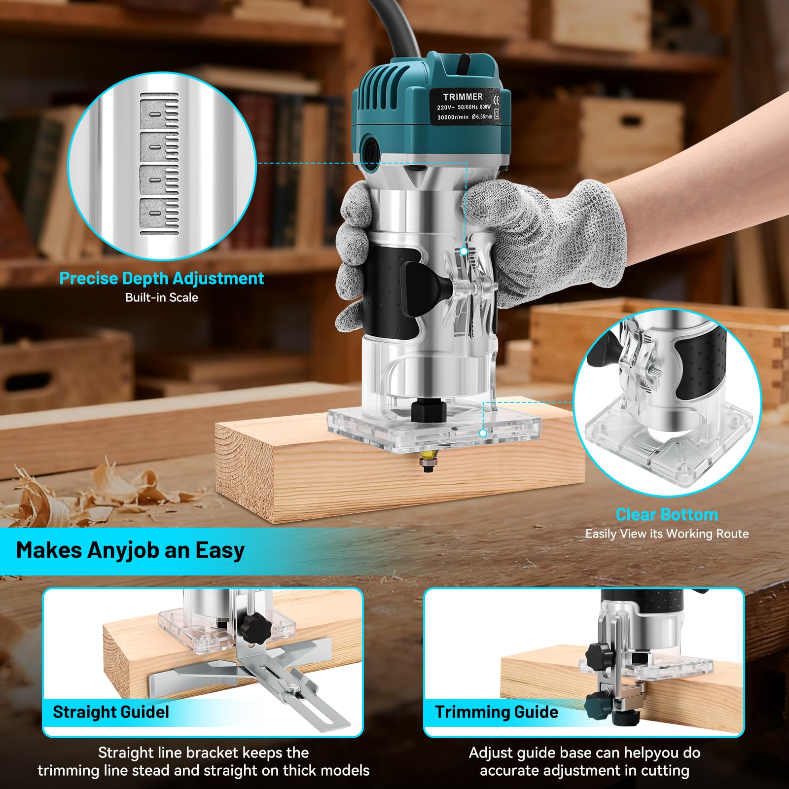 Fresadora de Madera Rebajadora Eléctrica 800W 30000 RPM, Control de Velocidad, Carcasa de aluminio, Fresadora de Mano con 6 piezas Juego de Fresas de Carburo de 6,35 mm