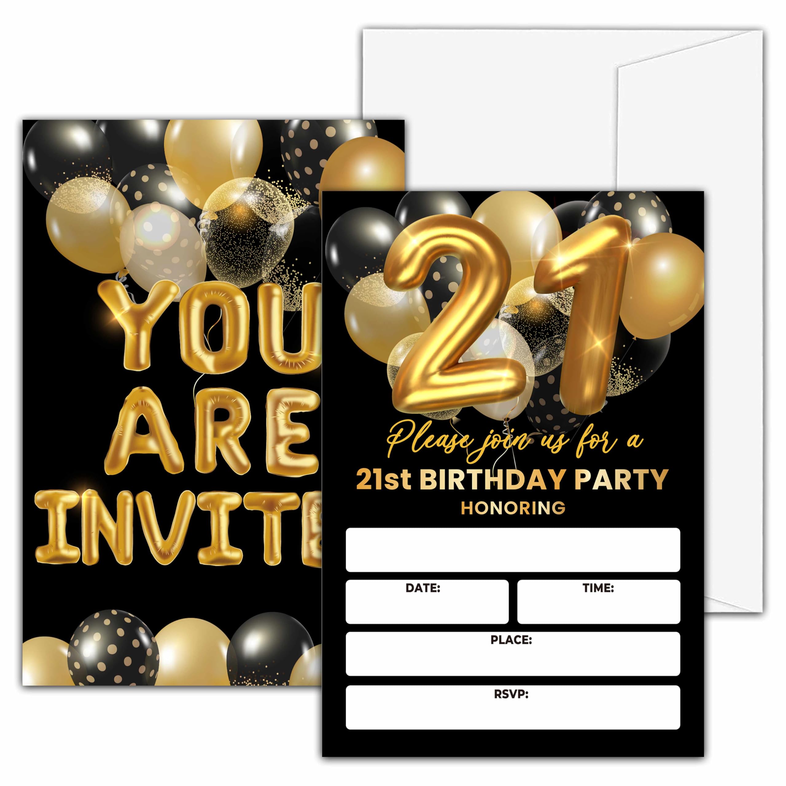 valucise 21st Birthday Invitations, Black and Gold Birthday Party Invitations, Gold Balloon Birthday Party Fill In Invitation Cards, Birthday Party