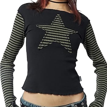 Women Vintage Star Pattern Stripes Patchwork T Shirts Long