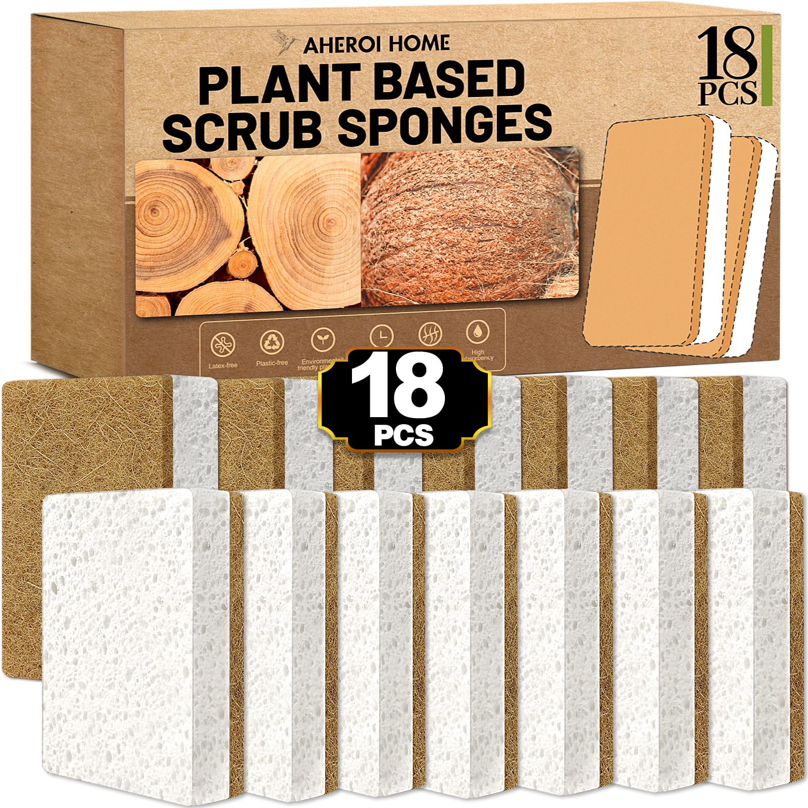 Aheroi Natural Dish Sponge, 18 Count FSC Certified Plant-Based Biodegradable Kitchen Sponges for Dishes, Compostable Eco Friendly Sponges, Organic