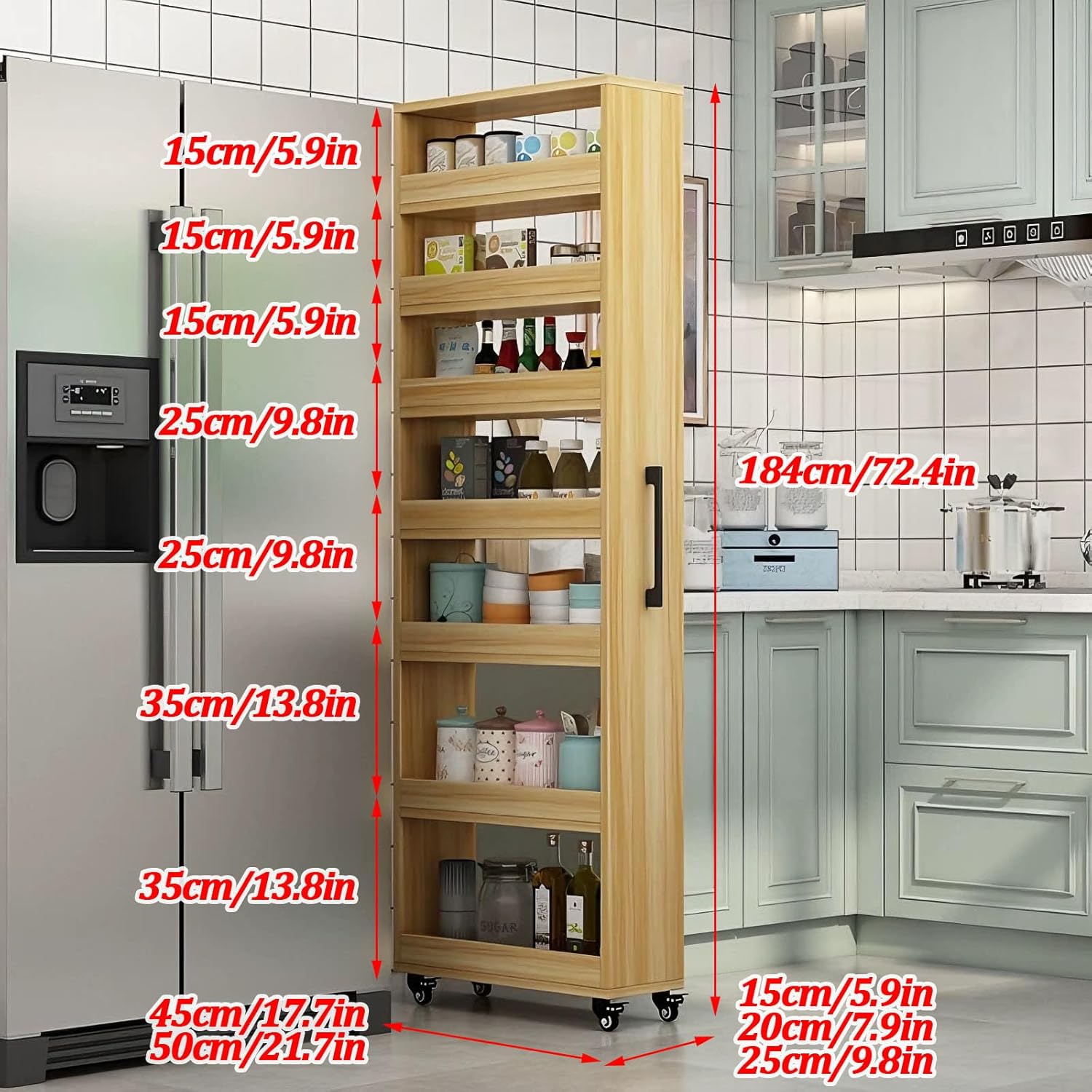 7-Tier Slim Storage Cart, Wooden Rolling Pantry Cabinet with Wheels, Narrow Shelf Organizer for Kitchen, Bakers Rack, Dining Room, Closet,Natural,W5.9×D21.7×H72.4