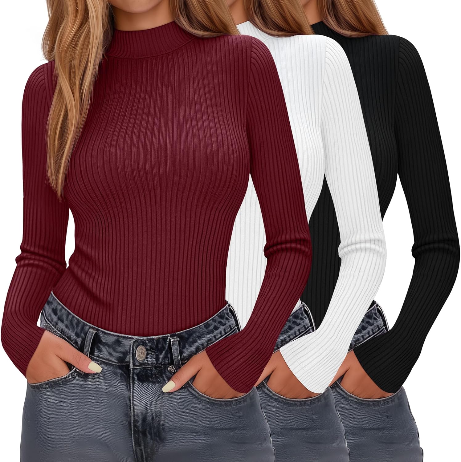 3 Pack Women's Mock Neck Cotton Tops Long Sleeve Ribbed Knit Turtleneck Shirts Thermal Slim Fitted Casual Base Layer