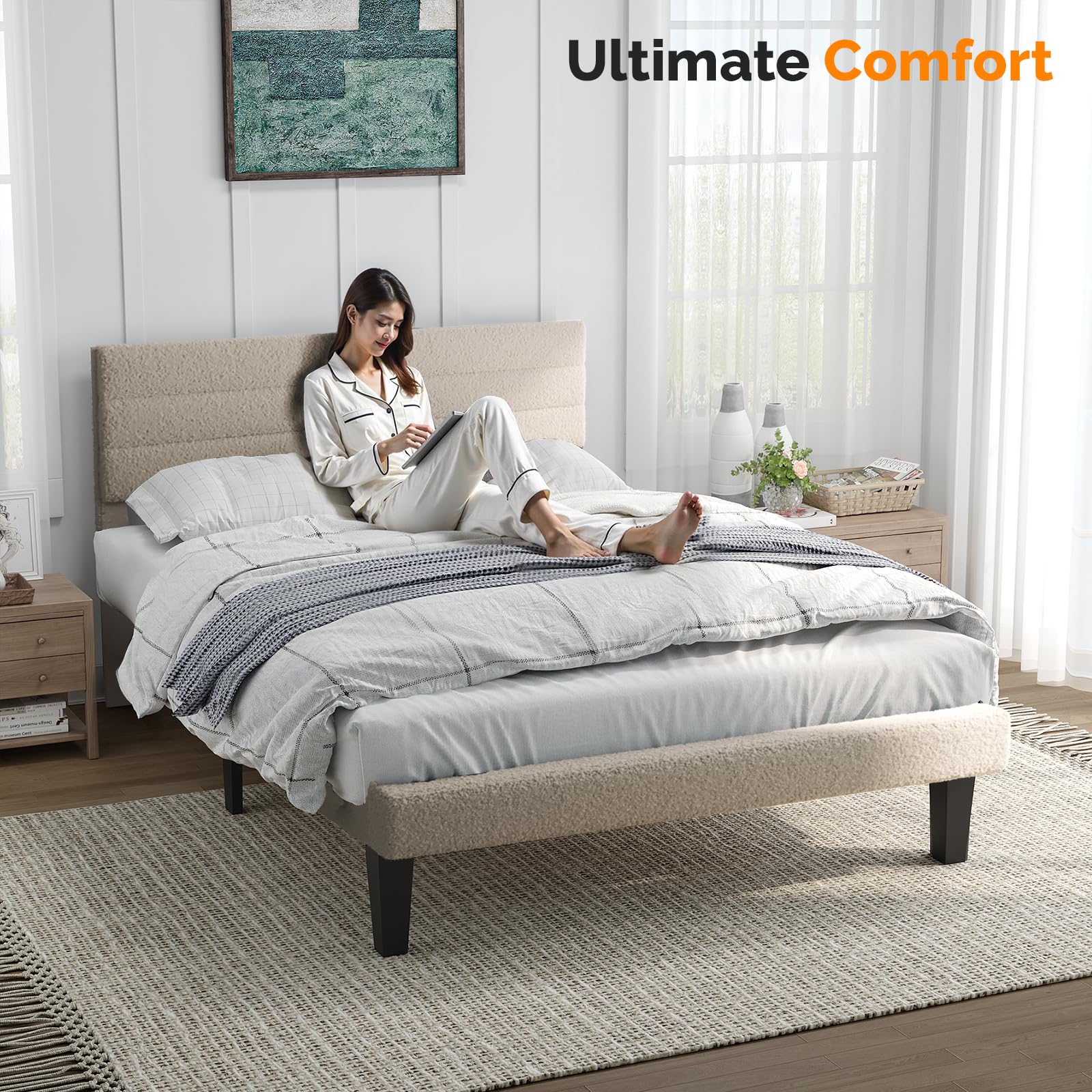 Bonnlo 4ft6 Double Bed Frame,Noise-Free Upholstered Platform Bed with Adjustable Headboard & Under Bed Storage-Sturdy Wooden Slat Support-No Box Spring Needed - Image 9