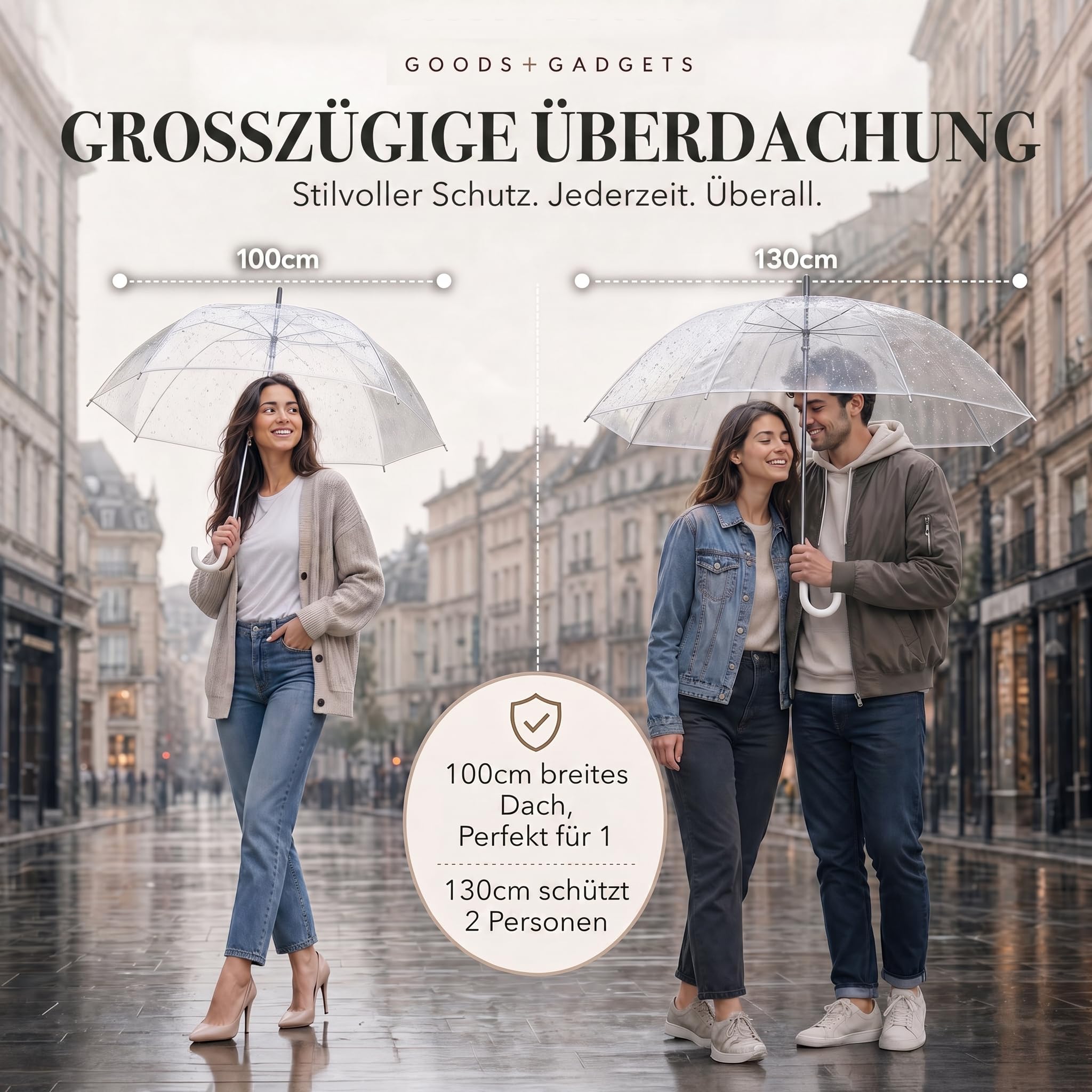 GOODS+GADGETS Durchsichtiger Regenschirm transparent, weißer Stockschirm Ø 100 cm; Eleganter Regenschirm in transparent - Das Fashion-Highlight