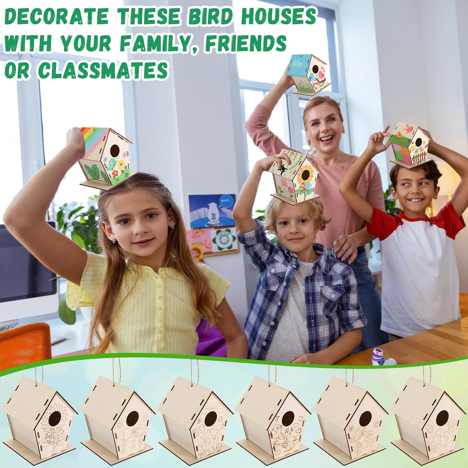 24 Pack Wooden Bird House Bulk for Kids Birdhouse Kit Wood Houses for DIY Unfinished Hanging Birdhouse Kits, Wooden Craft Houses to Paint Family Camping Summer Crafts