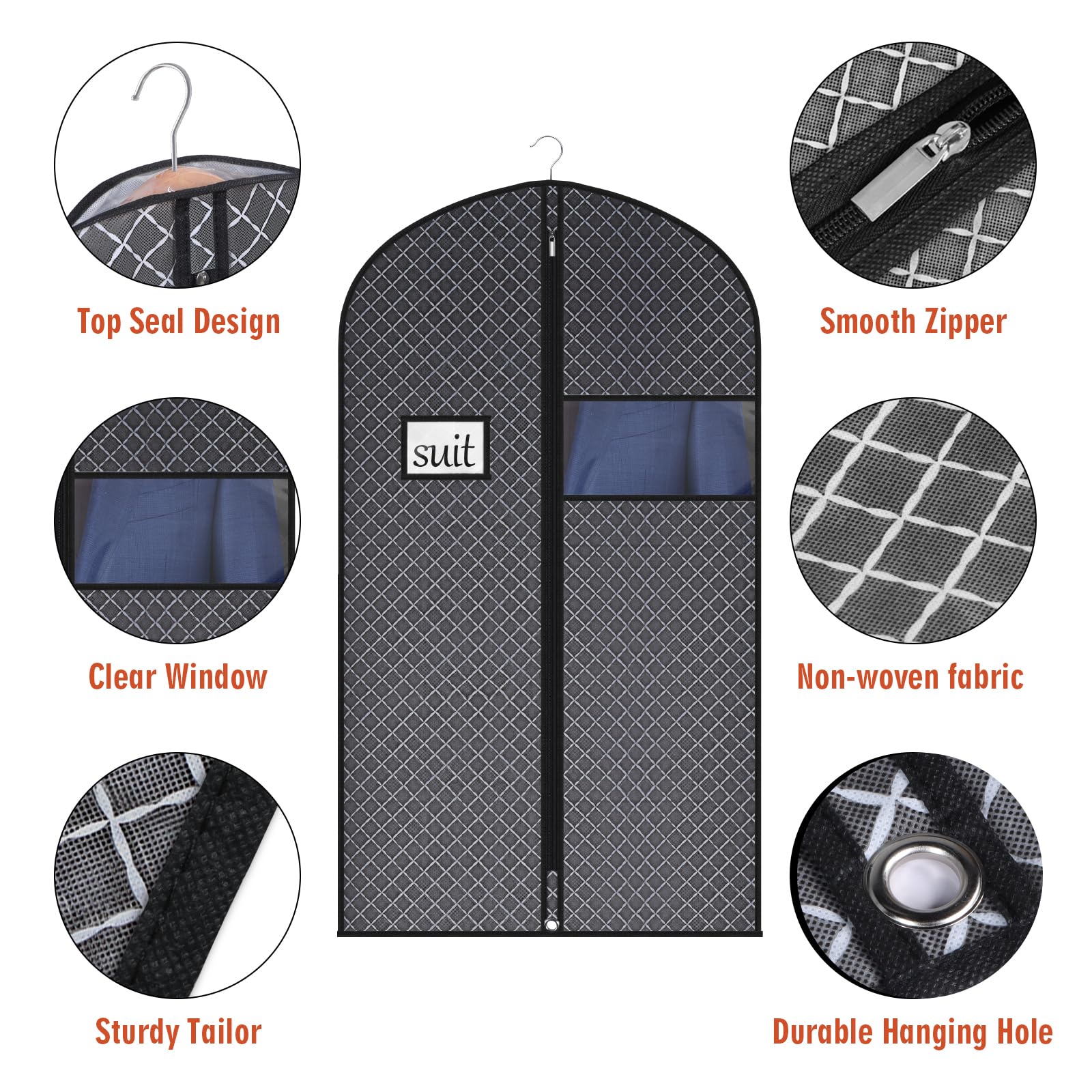 Univivi Anzugtaschen für Schrankaufbewahrung und Reisen, 101,6 cm, hängende Kleidersäcke für Herren, Anzughülle mit transparentem Fenster und Ausweishalter für Anzugjacke, Hemd und Mantel, 10 Stück
