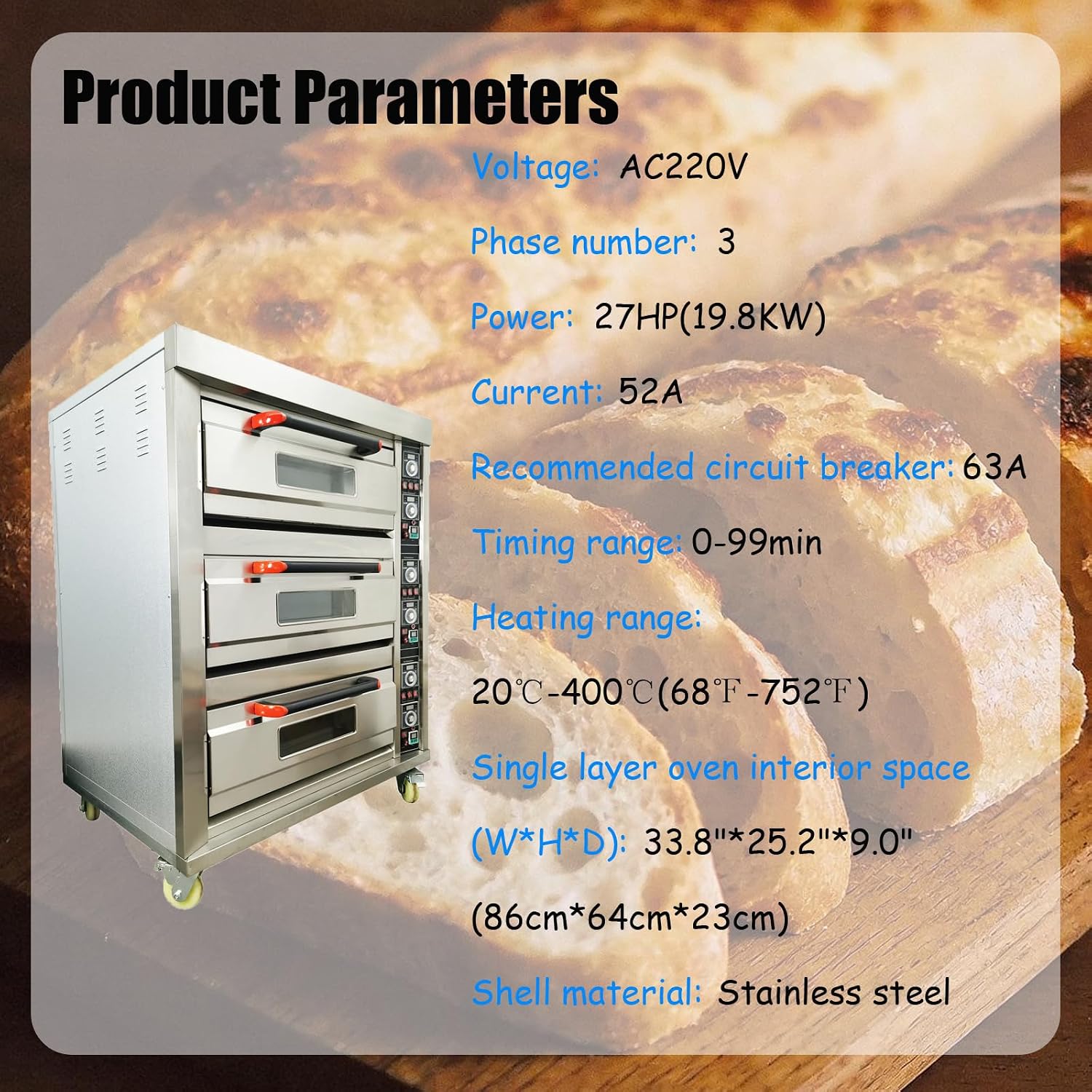 220V 3PH 19.8KW Commercial Movable Electric Triple Pizza Oven 6 Baking Sheets 20℃-400℃ Pizza Cookies Bread Cake Meat
