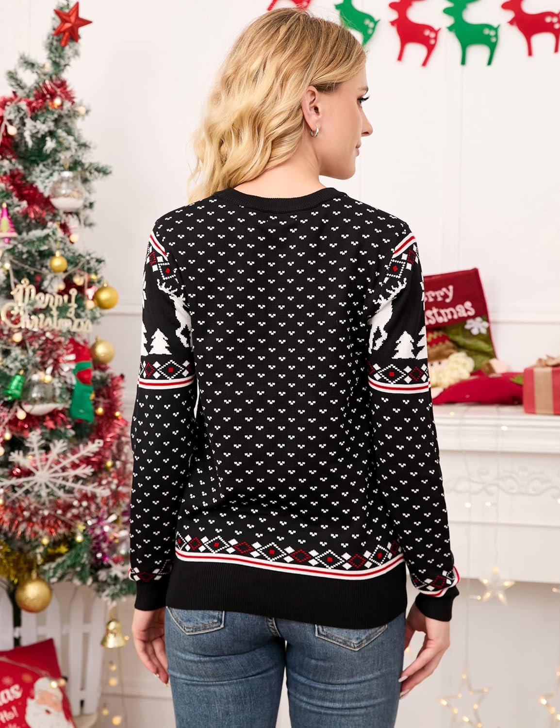 MISSKY Family Christmas Sweater Crew Neck Reindeer Snowflakes Knitted Pullover for Women/Men/Kids