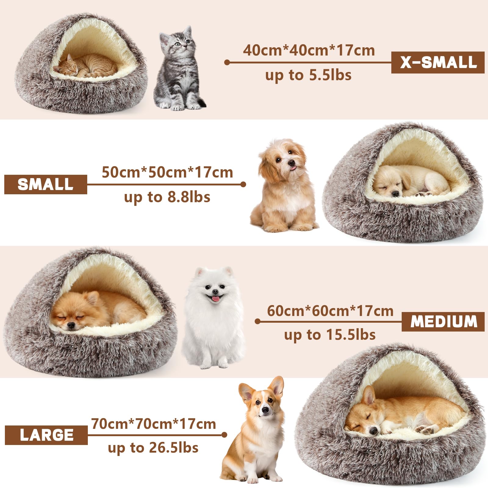 Cama tipo cueva para perros, cama lavable para perros pequeños y medianos con parte inferior antideslizante, marrón degradado, 70 cm