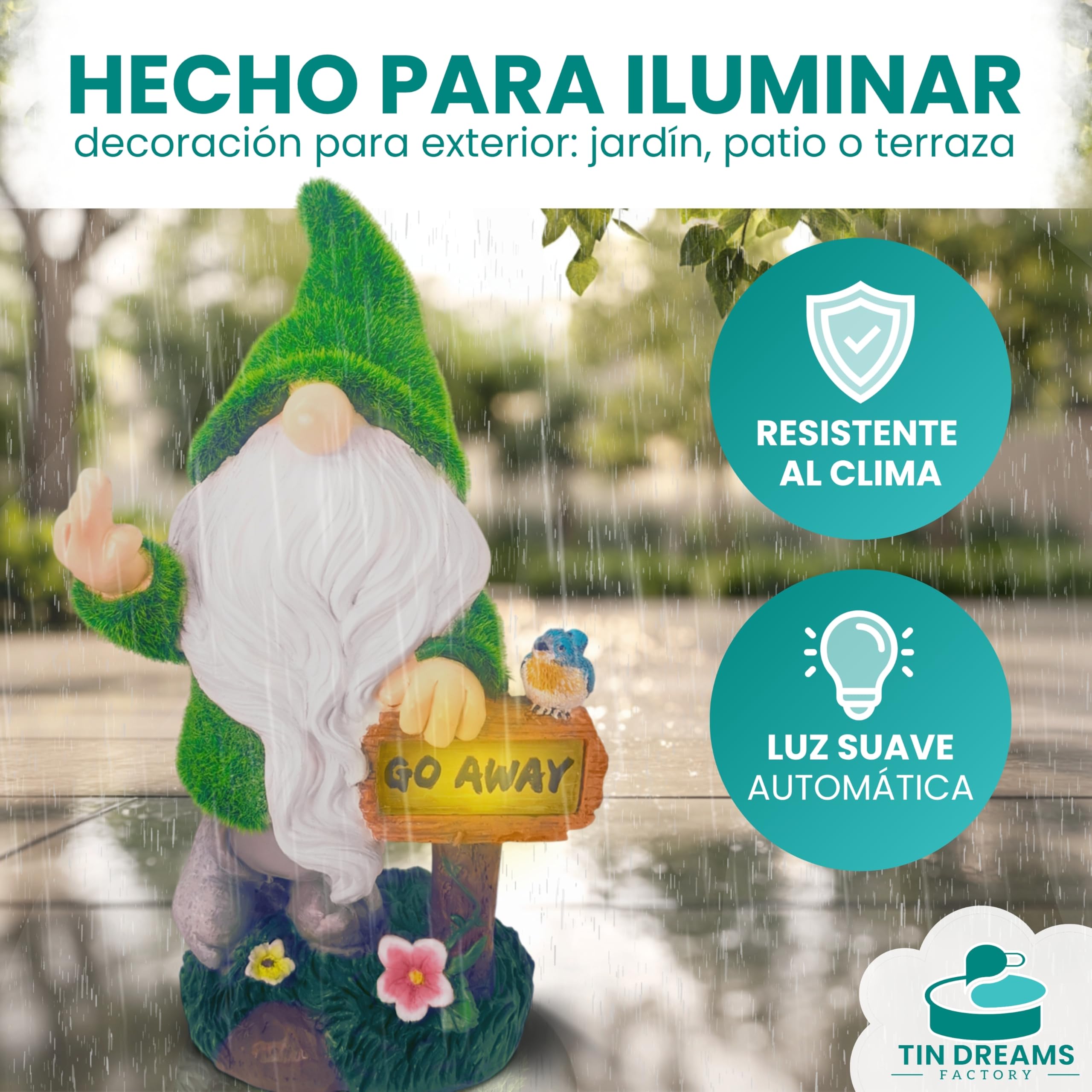 Gnomo de Jardín con Luz Solar “Go Away” – Figura de Resina Impermeable para Decoración Exterior – Enano Divertido para Jardín, Terraza o Patio – Adorno Original con Luz Automática