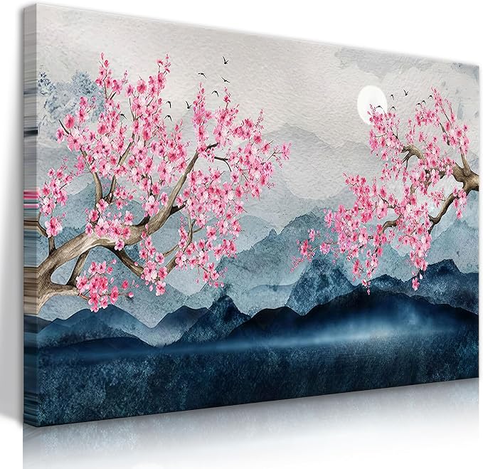 Amazon.com: HDXUFJQ Pink Cherry Blossom Wall Art Japanese Canvas Wall ...