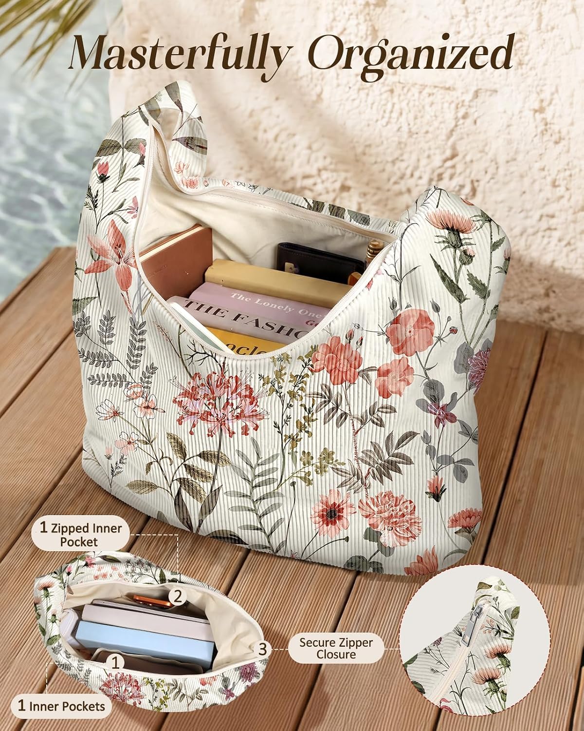 Corduroy Hobo Bag for Women - Large Shoulder Tote Bag with Zipper Cute Handbags Big Capacity Travel Work Bag