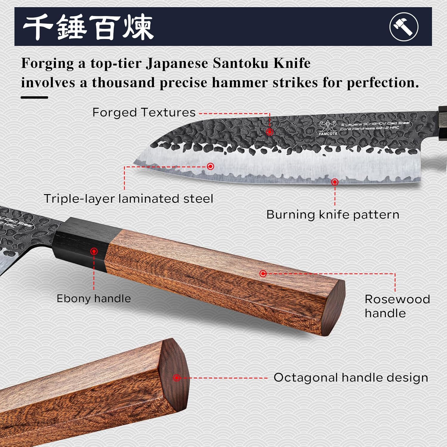 Santoku Knife 7 inch, Hand Forged 5 Layers 9CR18MOV High Carbon Steel Professional Kitchen Knife, Ultra Sharp Rosewood Handle Japanese Chopping Knife As a Thoughtful Christmas Gift for Dad/Mom - Image 4