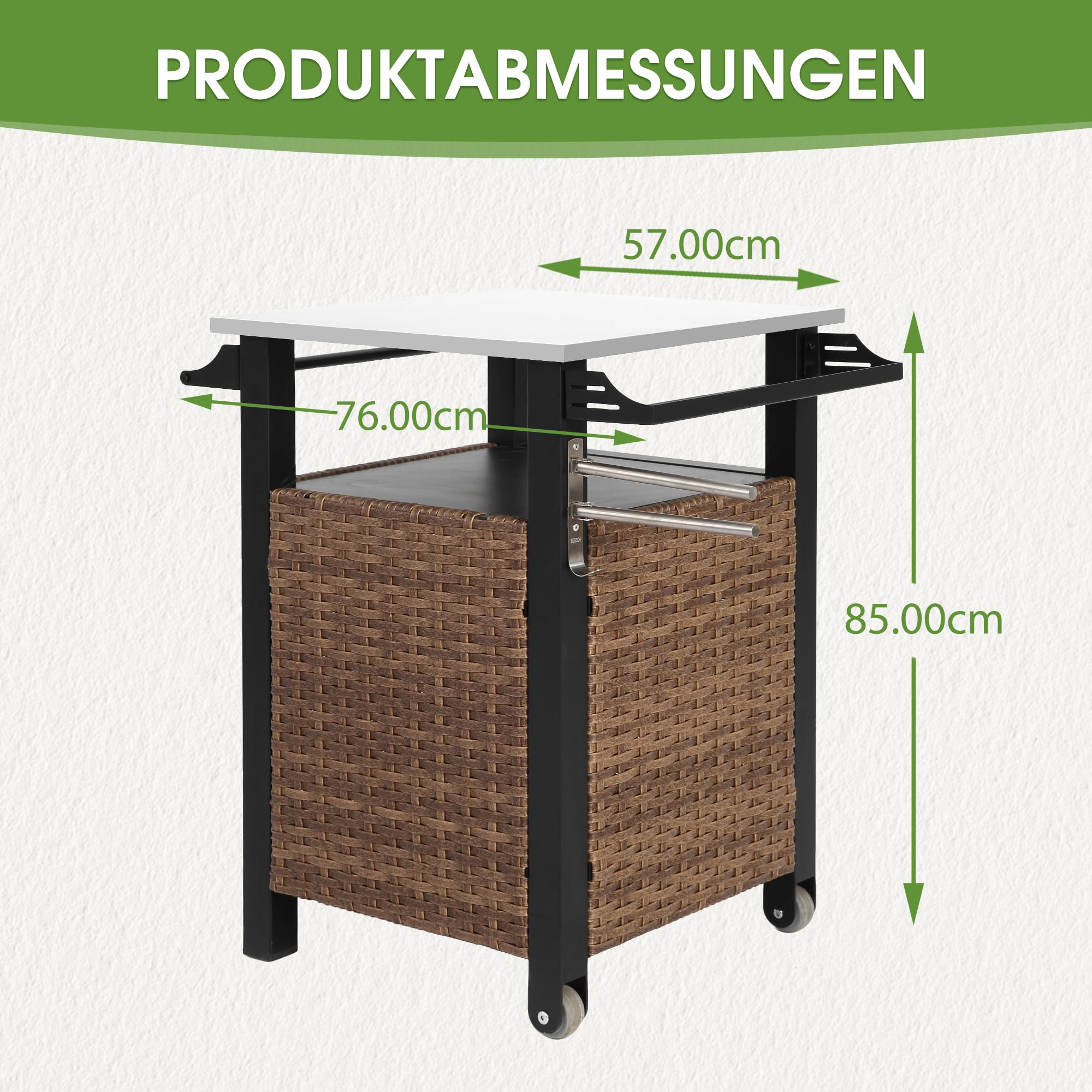 grillwagen aus Rattan, Grilltisch & Edelstahl Outdoor Servier-Bar-Tisch mit Haken und Rädern, für Poolseite, Terrasse, Wiese (Klein)