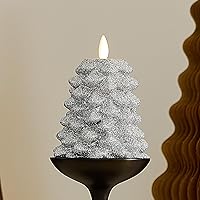 Vista 1 de Luminara - Vela LED sin llama con purpurina plateada brillante, árbol del norte, llama parpadeante en movimiento, pilar (3.3" x 4.3")