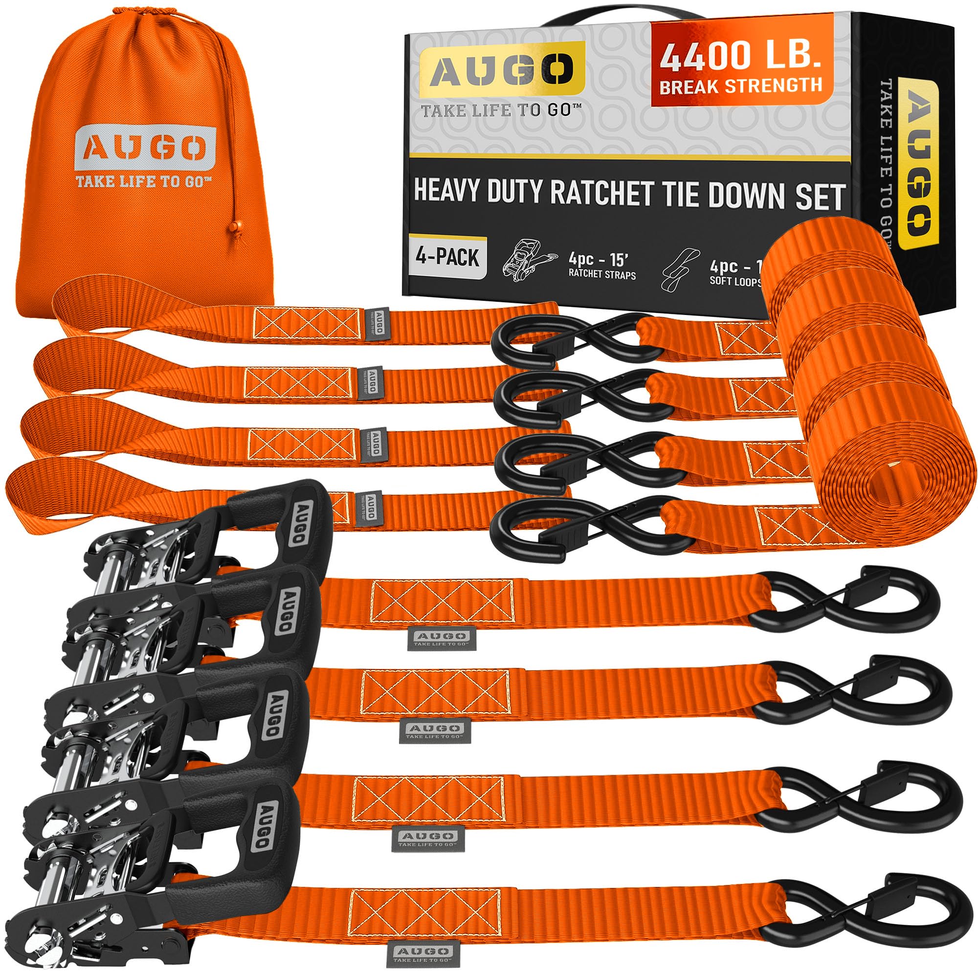 AUGO Ratchet Straps Heavy Duty 4 Pack -15 FT - 2200 LB Break Strength – with Safety Lock S Hooks - Cargo Straps for Moving, Appliances, Motorcycle – Soft Loop Tie Down Straps — view 22
