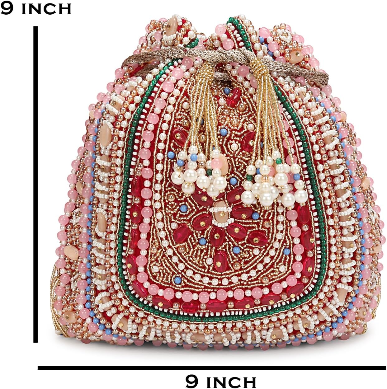 LONGING TO BUY Beaded Potli Bag for Women, Multicolor, Drawstring Wristlet with Pearl Fringe, Potli Bag for Wedding 9x9 Inch