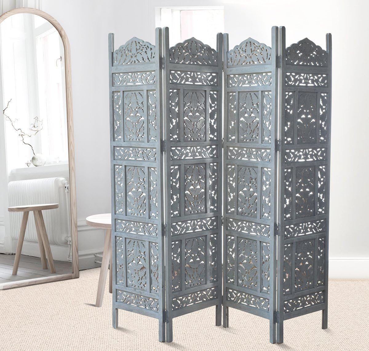 Store Indya Hand Carved Wooden Screen Room Divider 4 Panel