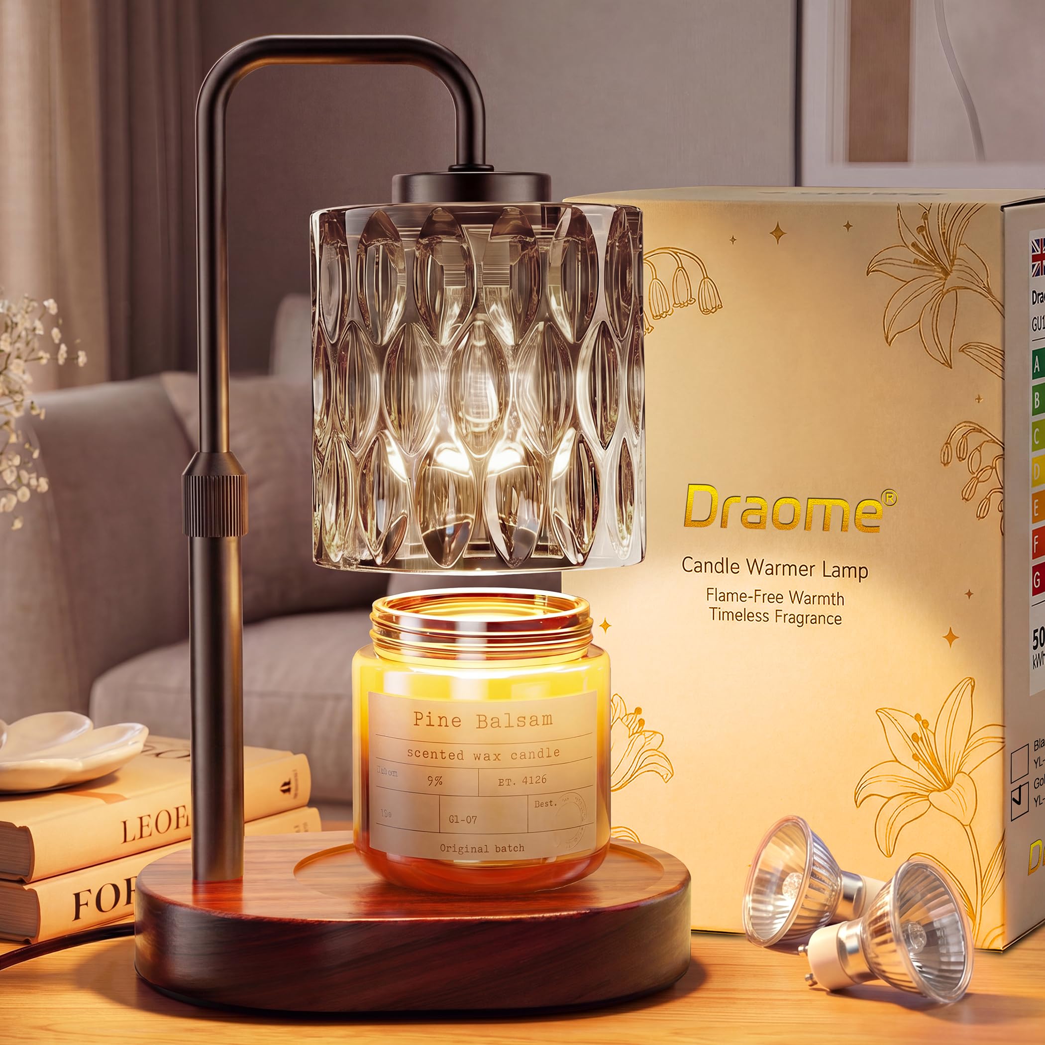 Draome Candle Warmer Lamp with Timer, Dimmable, Height Adjustable, Flameless, with 2 Bulbs, Flower Glass Shade, Gift for Women (A1-Black)