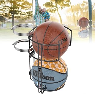 POOWEE Outdoor Basketball Holder - Sturdy Metal Pole Mount & Wall Rack for 2 Balls, Rust-Proof Storage for Basketball, Soccer, Volleyball