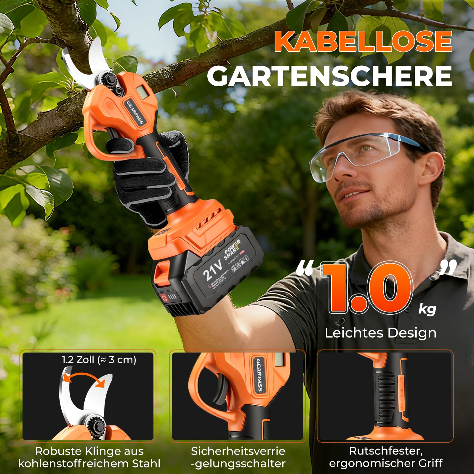 4-in-1 Akku-Hochentaster, 20cm Mini-Kettensäge & elektrische Gartenschere mit bürstenlosem Motor, automatischer Ölung 4,5 m Reichweite, 2 x 21V 4,0 Ah Akkus für Baumschnitt & Holzbearbeitung
