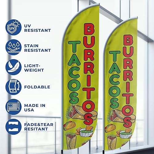 Miniatura 5 de DreamController - Bandera de plumas de tacos y burritos (11.5 pies x 2.5 pies)  Bandera alta para publicidad de negocios al aire libre  Bandera