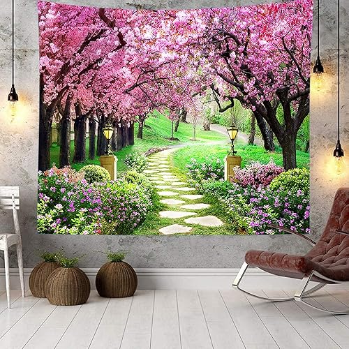 Miniatura 4 de MEETSIOY Tapiz de parque de primavera de 60 x 51 pulgadas, tapiz de camino de bosque, árbol de flor de cerezo, tapiz de flores rosas para sala de