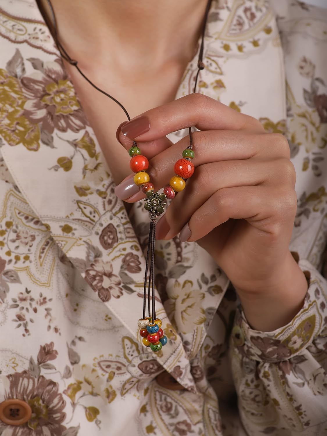 MINACHI Bohemian Flower Colorful Ceramic Beads Lariat Necklace, Tassel Beaded Jewelry, Gifts for Women - Image 6