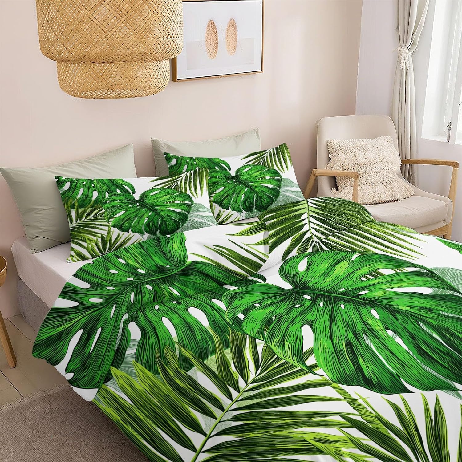 Funda Nórdica Cama 180 Hojas De Monstera y De Palmera Reversible Funda de Edredón 135 x 200 cm Follaje Selvático Juego de Ropa de Cama 3 Piezas en Microfibra Transpirable con 2 Fundas d-1148