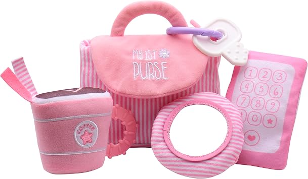 4 Piece Plush My First Purse Play Set with Sensory Toys and Bonus Teether Keys for Baby, Pink Stripe, 8 inch