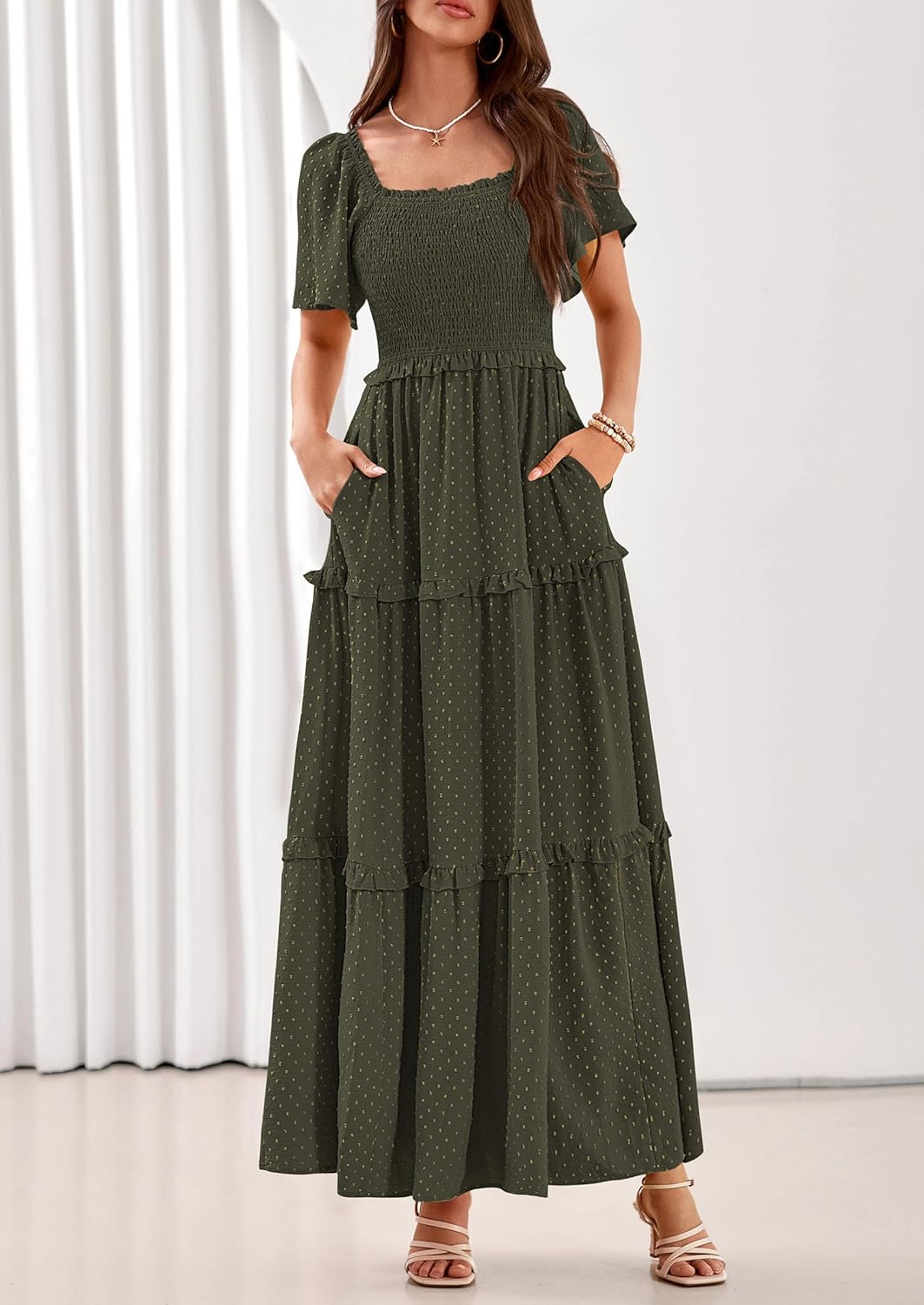 PRETTYGARDEN Summer Dresses for Women 2026 Boho Swiss Dot Smocked Square Neck Short Sleeve Spring Wedding Guest Maxi Dress - Image 8