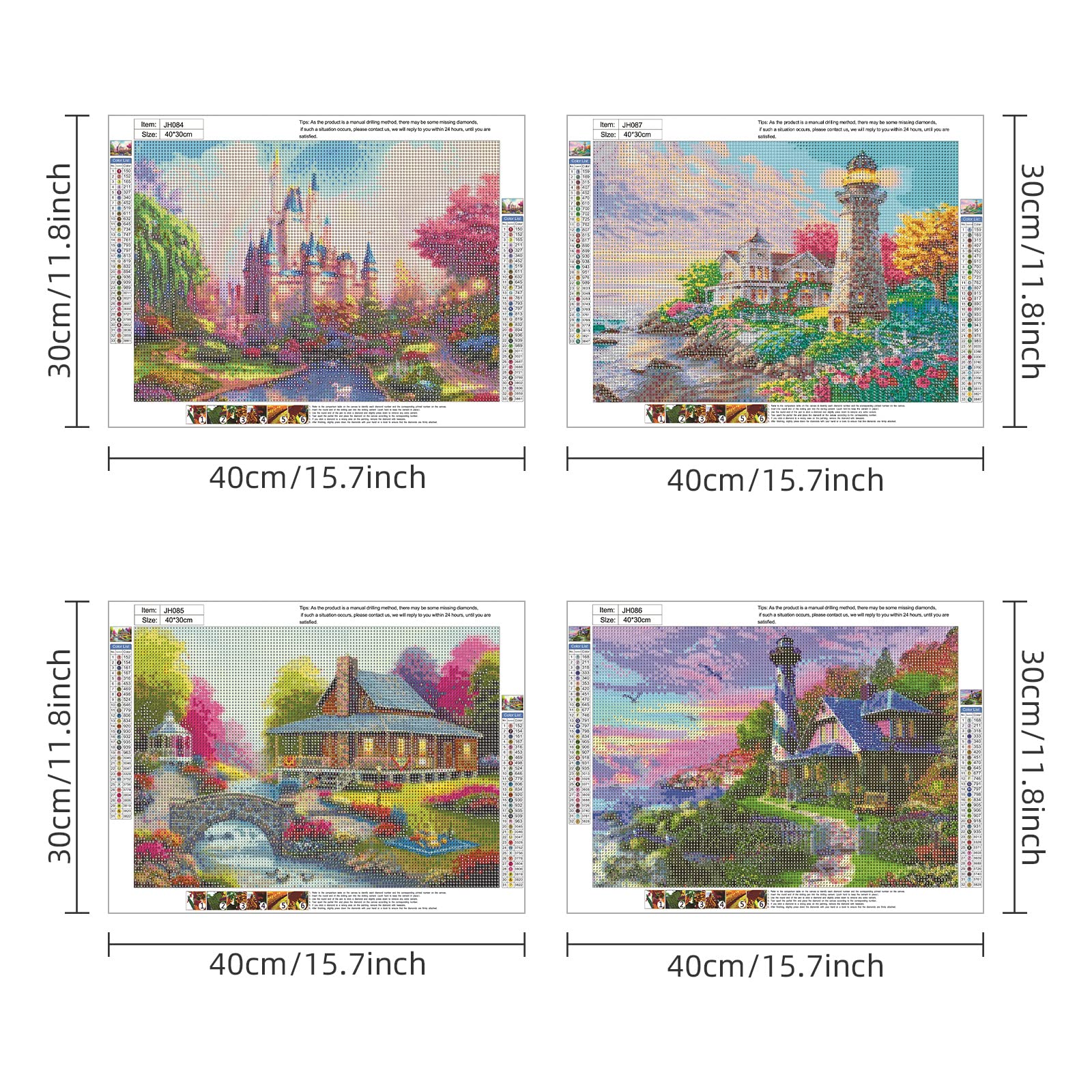 SupLetsico Set di 4 diamond painting per adulti, pittura a diamante 5D, paesaggio fai da te, castello fai da te con diamanti per decorazione della casa, regalo (40 x 30 cm