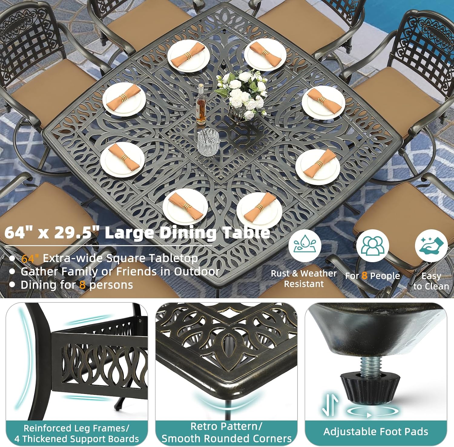 MEETWARM 9-Piece Outdoor Patio Dining Set, All Weather Cast Aluminum Patio Funiture Table and Chairs Set- Large 64" Square Table and 8 Cushioned Swivel Rocker Chairs for Garden, Umbrella Hole, Khaki