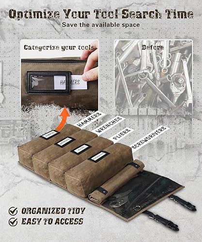 Miniatura 5 de Bolsa de herramientas enrollable de lona encerada al óleo vintage, 25 bolsillos con 5 bolsas grandes desmontables+1 rollo de herramientas, ventana