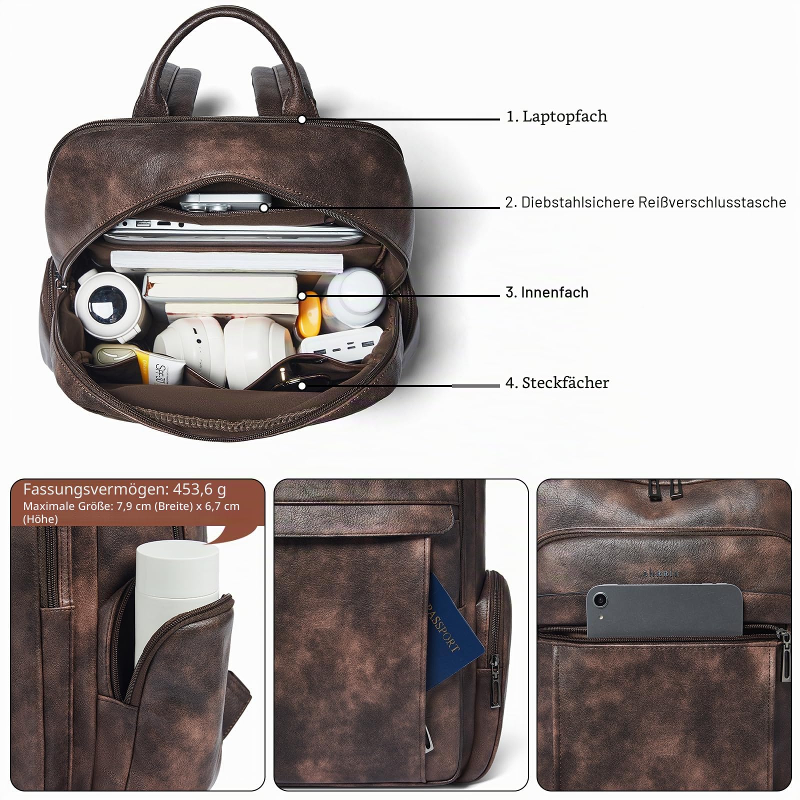 Shrrie Leder Laptop Rucksack für Frauen mit 17 Zoll Vegan Leder Computer Rucksack Tasche für Reise College Arbeit