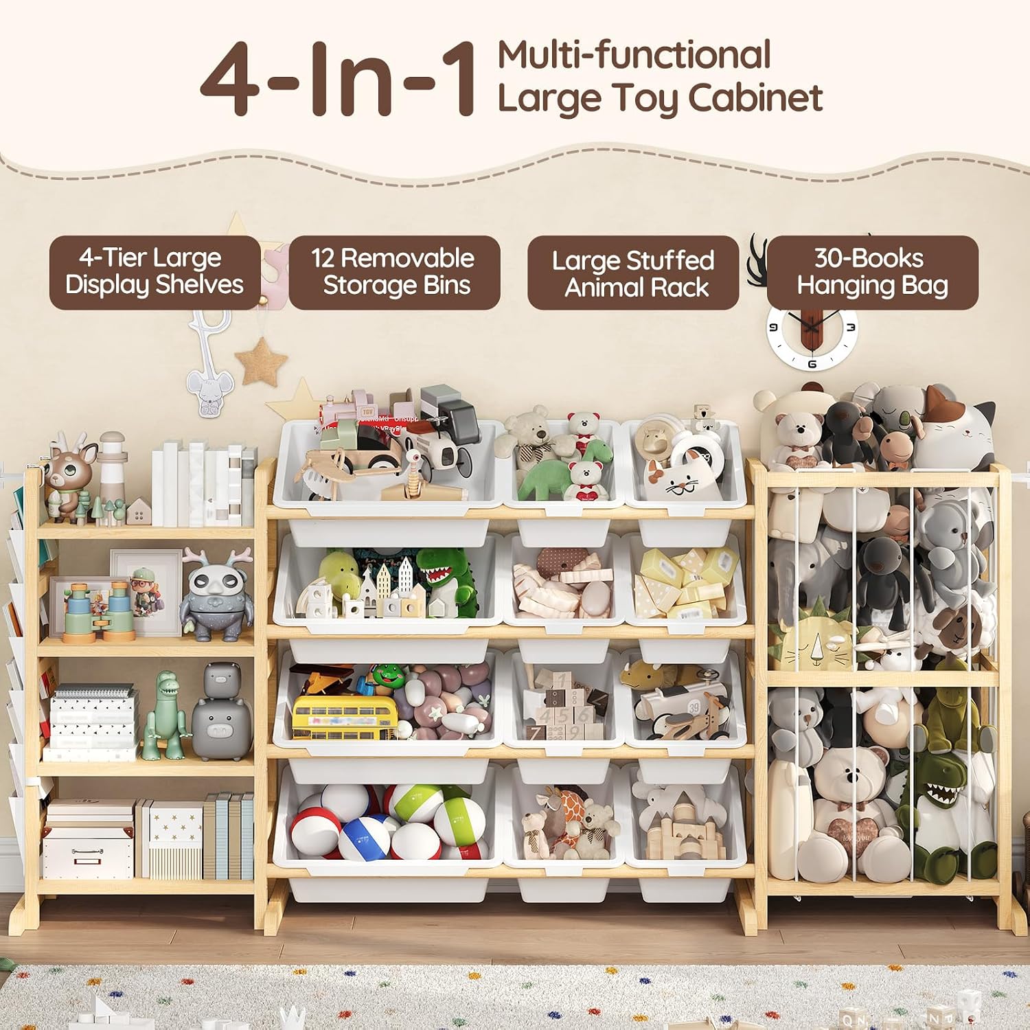 4-in-1 Large Toy Storage Organizer with Stuffed Animal Storage, 4 Kids Bookshelf, 12 Plastic Bins, Side Book Bag, Toy Organizers and Storage Shelves for Kids Room, Playroom, Bedroom, 64 inch image 4