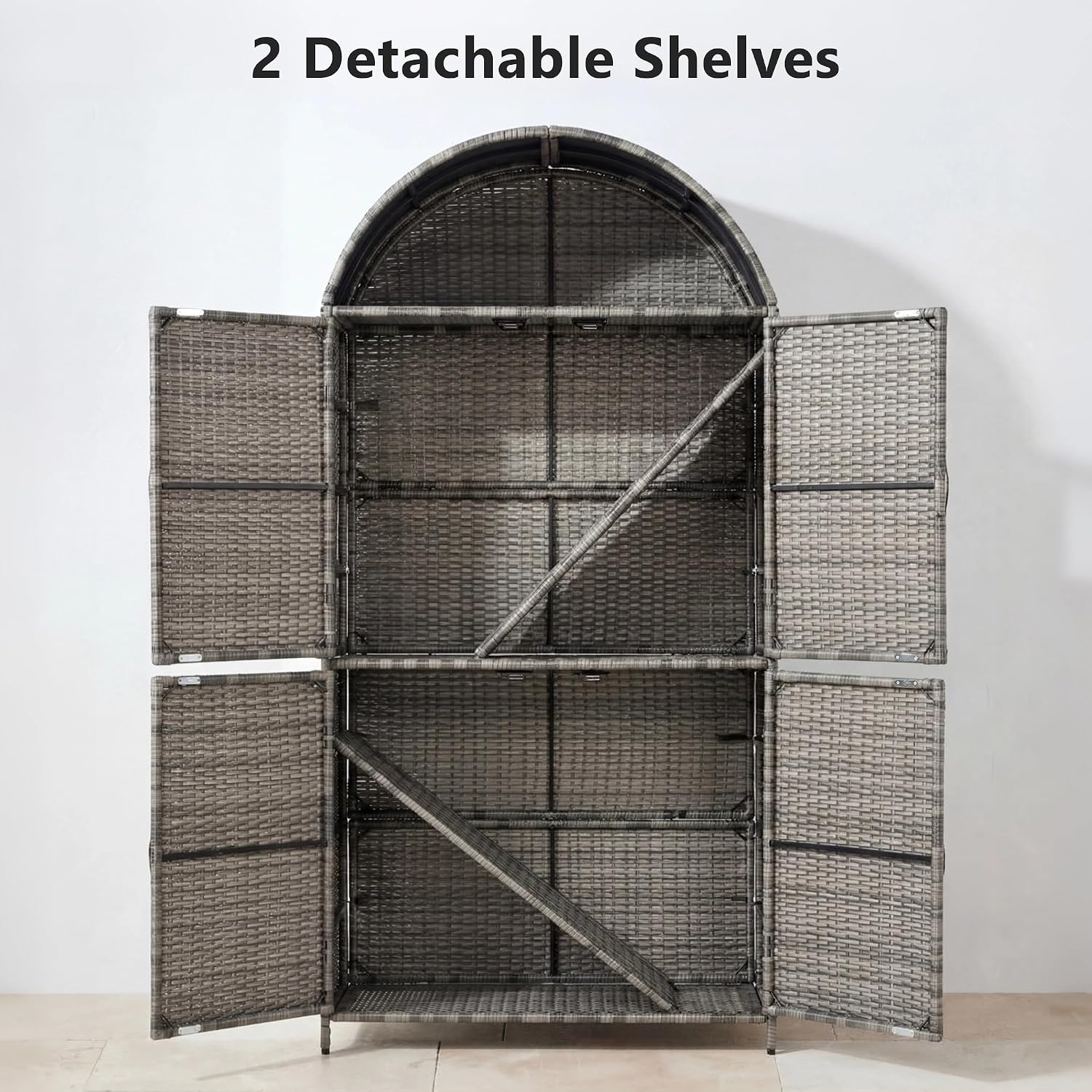 72" Tall Arched Wicker Outdoor Storage Cabinet with Adjustable Shelves, 4-Door Rattan Vertical Shed, Garden Towel Holder – Weather-Resistant and Stylish for Backyard, Poolside, and Patio Five Bullet
