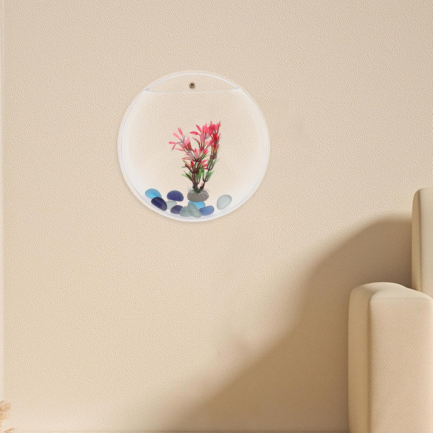 ORFOFE Wall-Mounted Acrylic Fish Tank and Planter, 23cm Diameter Hanging Vase for Betta Fish and Plants, Decorative Aquarium Bowl for Home and Office Wall Display