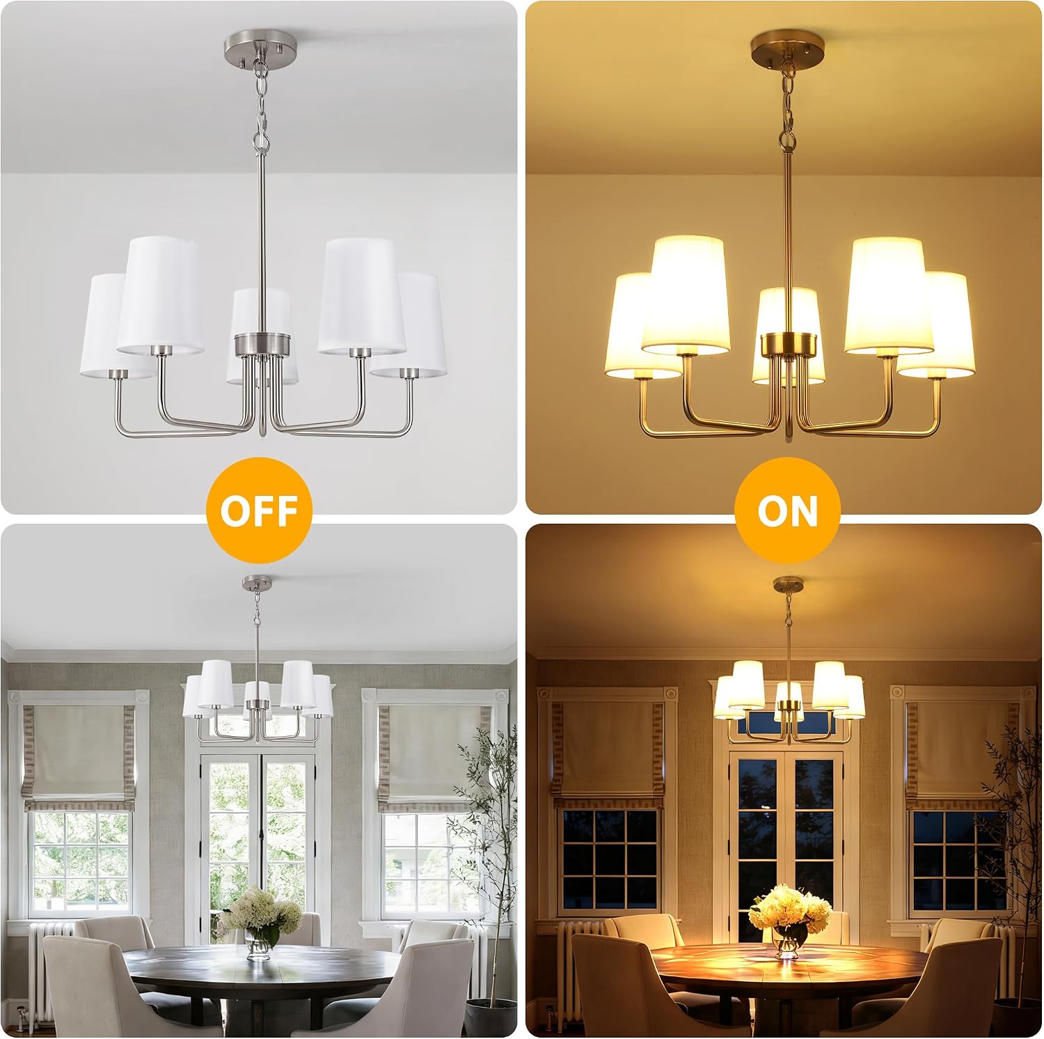Modern Brushed Nickel 5-Light Chandelier, Farmhouse Industrial Dining Room Light Fixture Over Table with White Fabric Shade, Hanging Pendant Lighting for Kitchen Island Bedroom Living Room Entryway